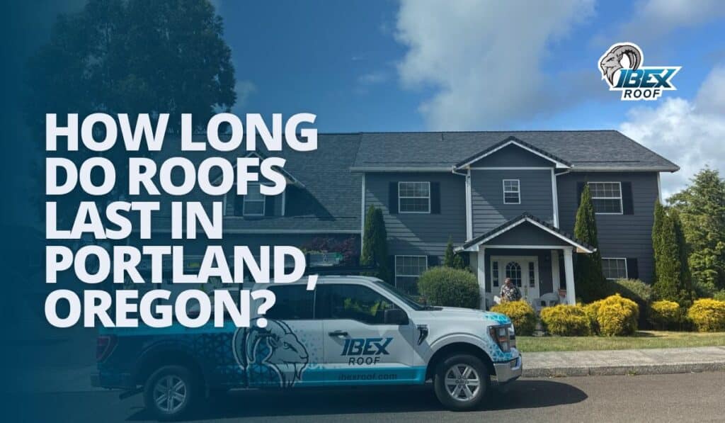 IBEX Roof branded truck parked in front of a residential home in Portland, Oregon, with a new dark shingle roof under a clear sky