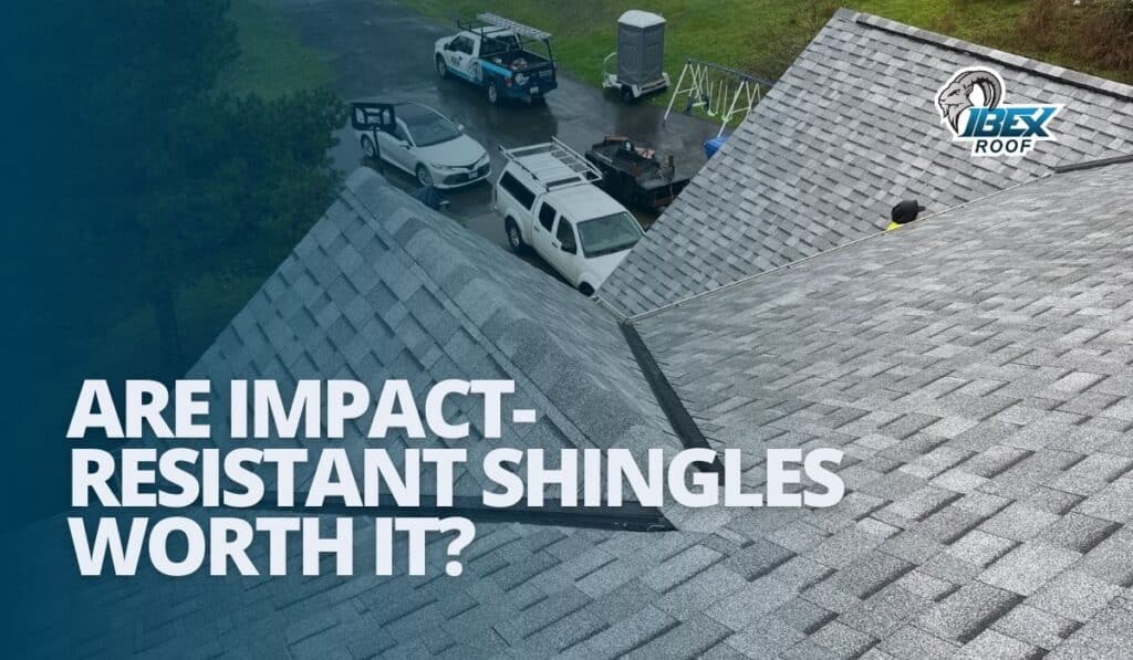 IBEX Roof trucks parked beside a gray asphalt shingle roof with text reading “Are impact-resistant shingles worth it?